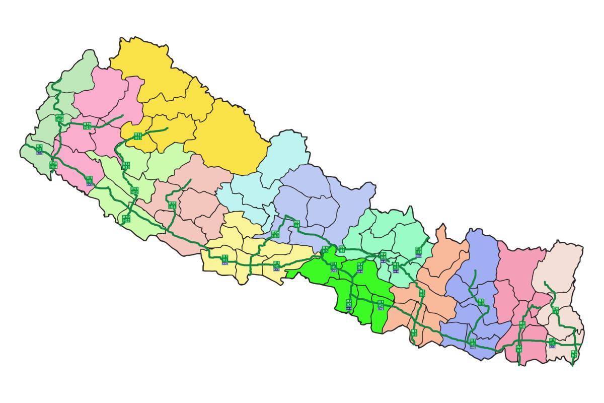 Mapa do nepal com as principais auto-estradas