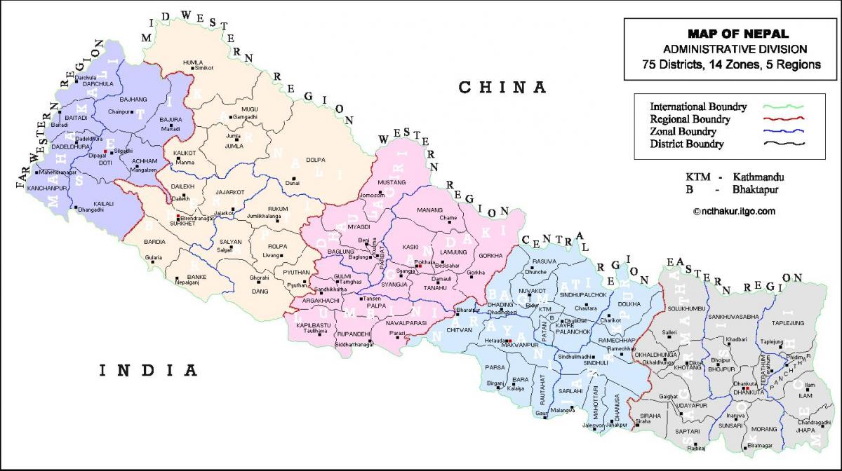 Mapa do nepal com os distritos e vdc