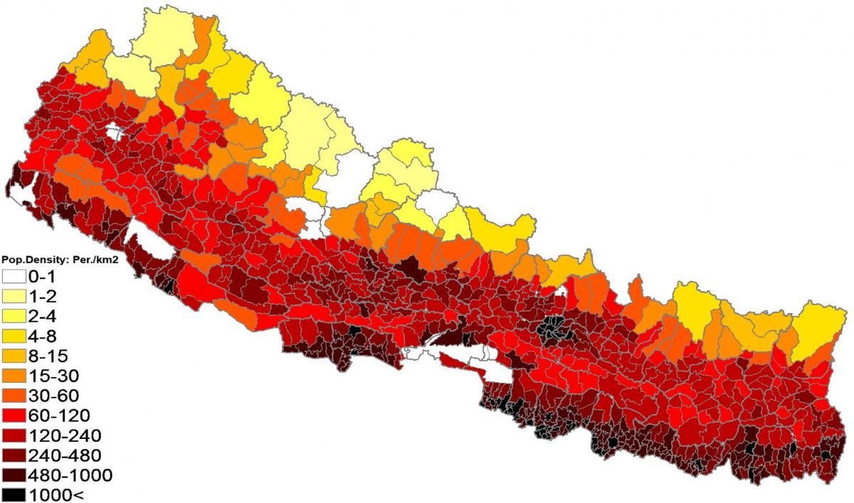 nepal densidade populacional mapa