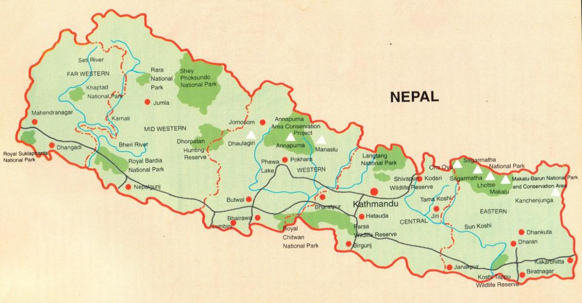 mapa do nepal com lugares turísticos