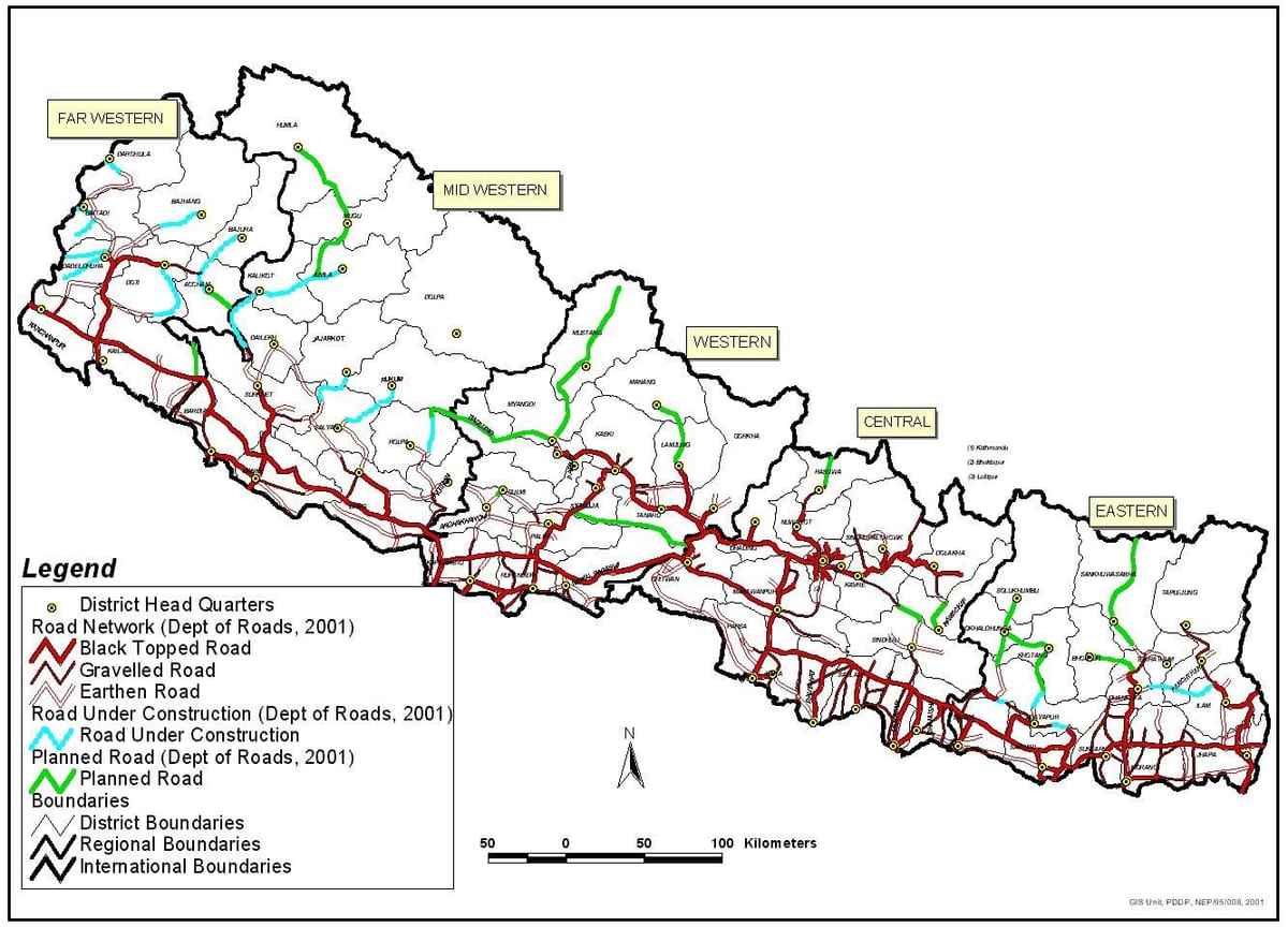 Mapa de estradas do nepal com distritos