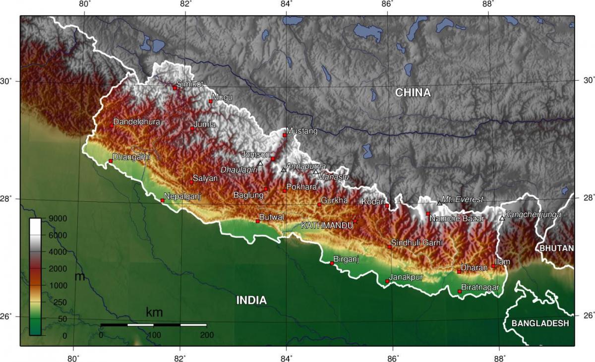 mapa topográfico do nepal