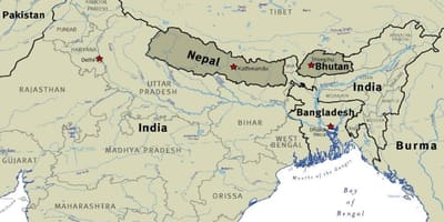 Mapa do butão, o nepal e o tibete