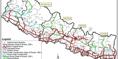 Mapa do nepal, mostrando rodovias